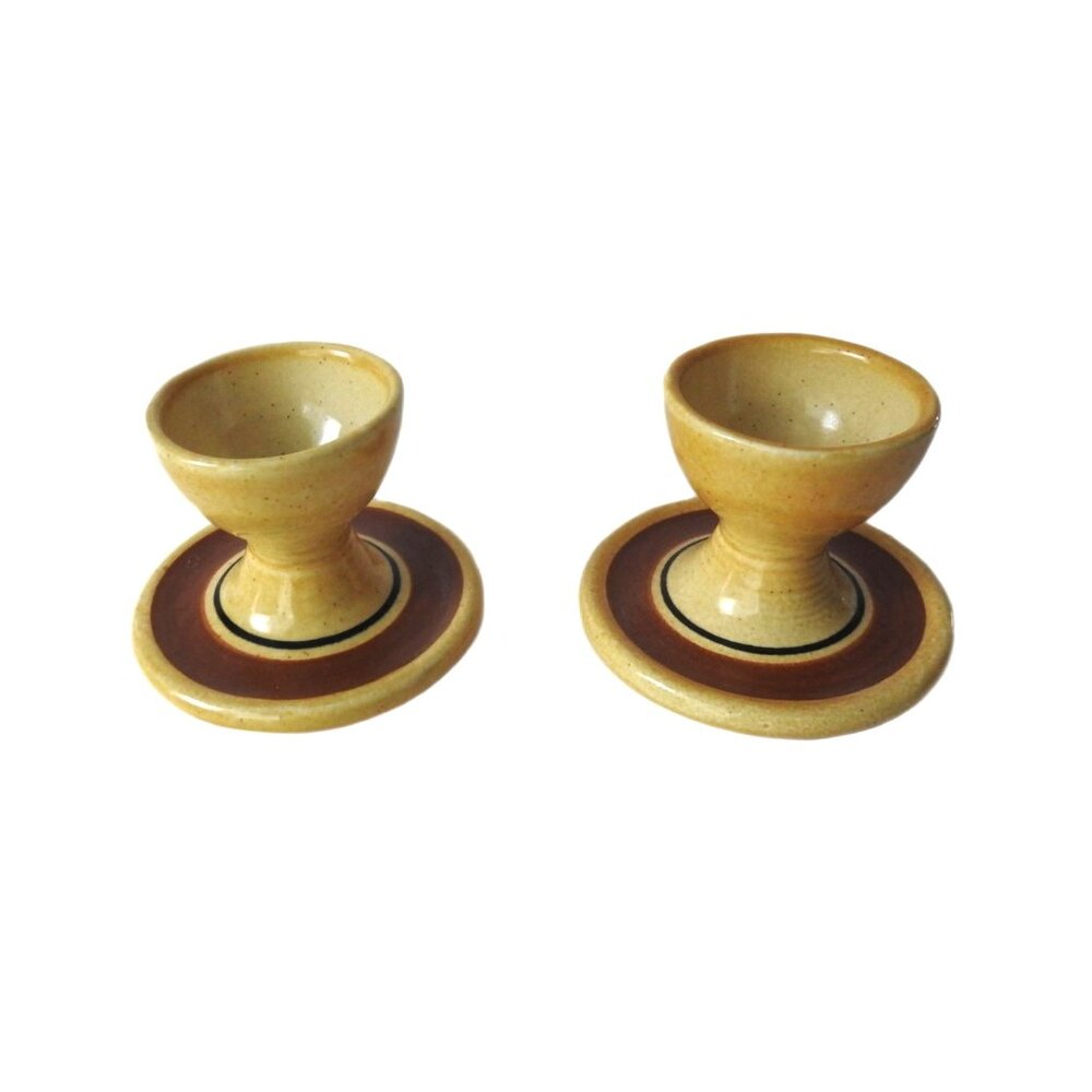 Stangle Pottery Egg Cups With Underplates Camel Yellow and Brown Speckled 1970s